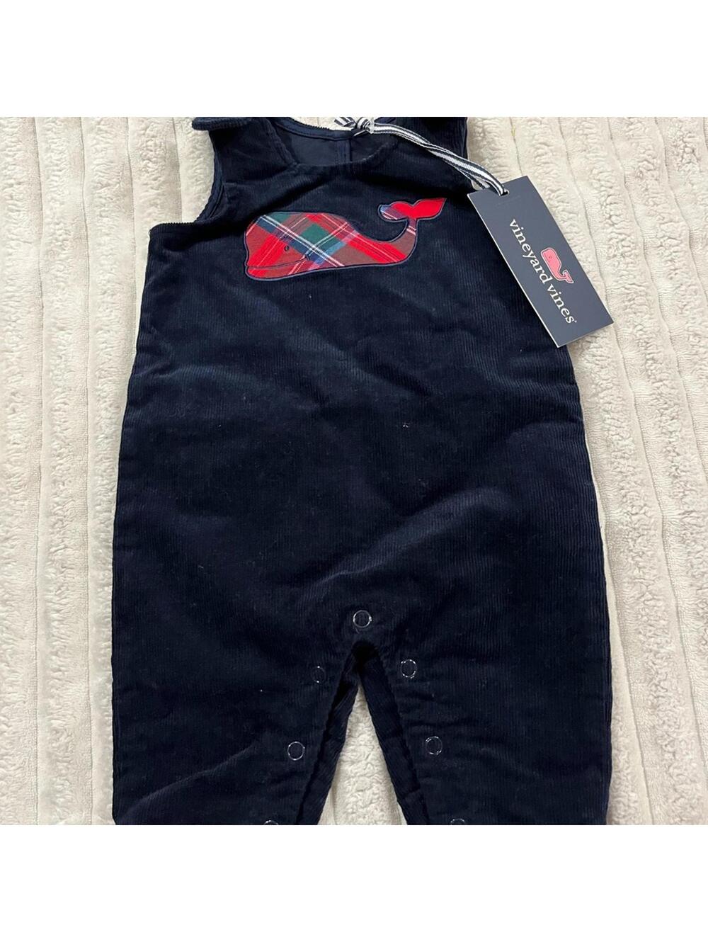 Vineyard Vines Navy Corduroy Cover All with Plaid Whale Boys Size 0-3 Months New